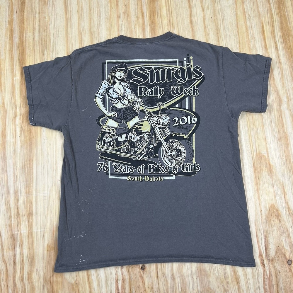 Sturgis Motorcycle Rally 2016‎ T-Shirt L Gray Pin Up Girl Graphic Tee